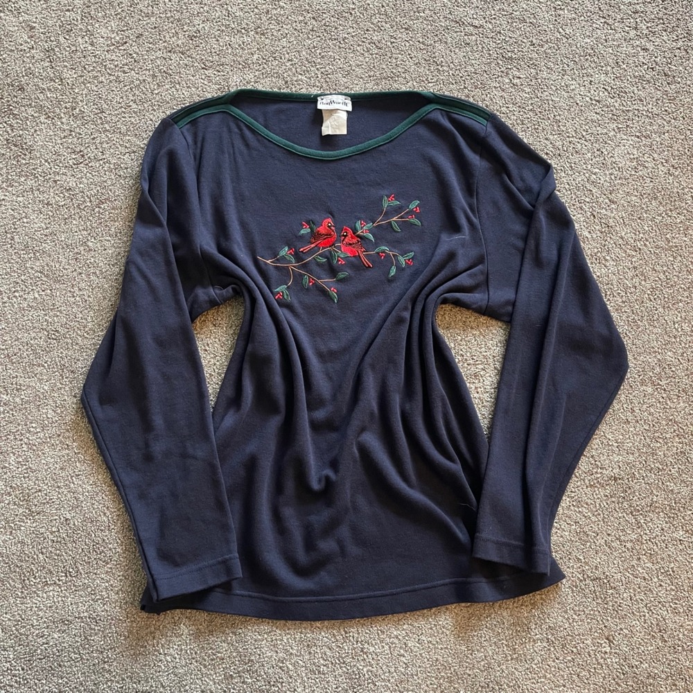 VTG 90s Womens BonWorth Long Sleeve Top S Navy Blue Cardinal Bird Embroidery